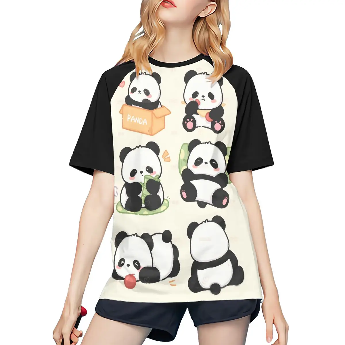 

Cute Cartoon Panada Color blocking splicing shoulder insertion heavyweight pure cotton short sleeved T-shirt for women