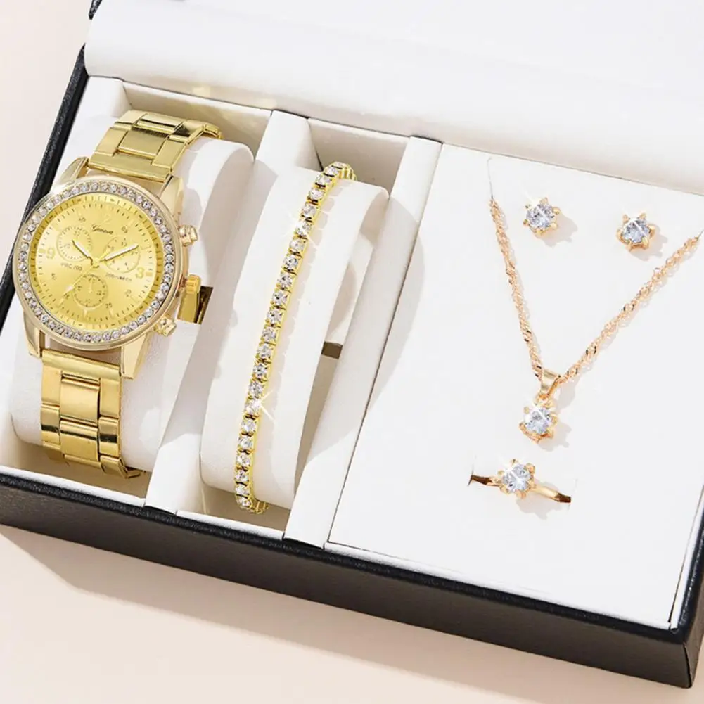 Rhinestone Watch Set Lady Necklace Ring Set Rhinestone Jewelry Set Watch Earrings Bracelet Necklace Ring Elegant Quartz Watch