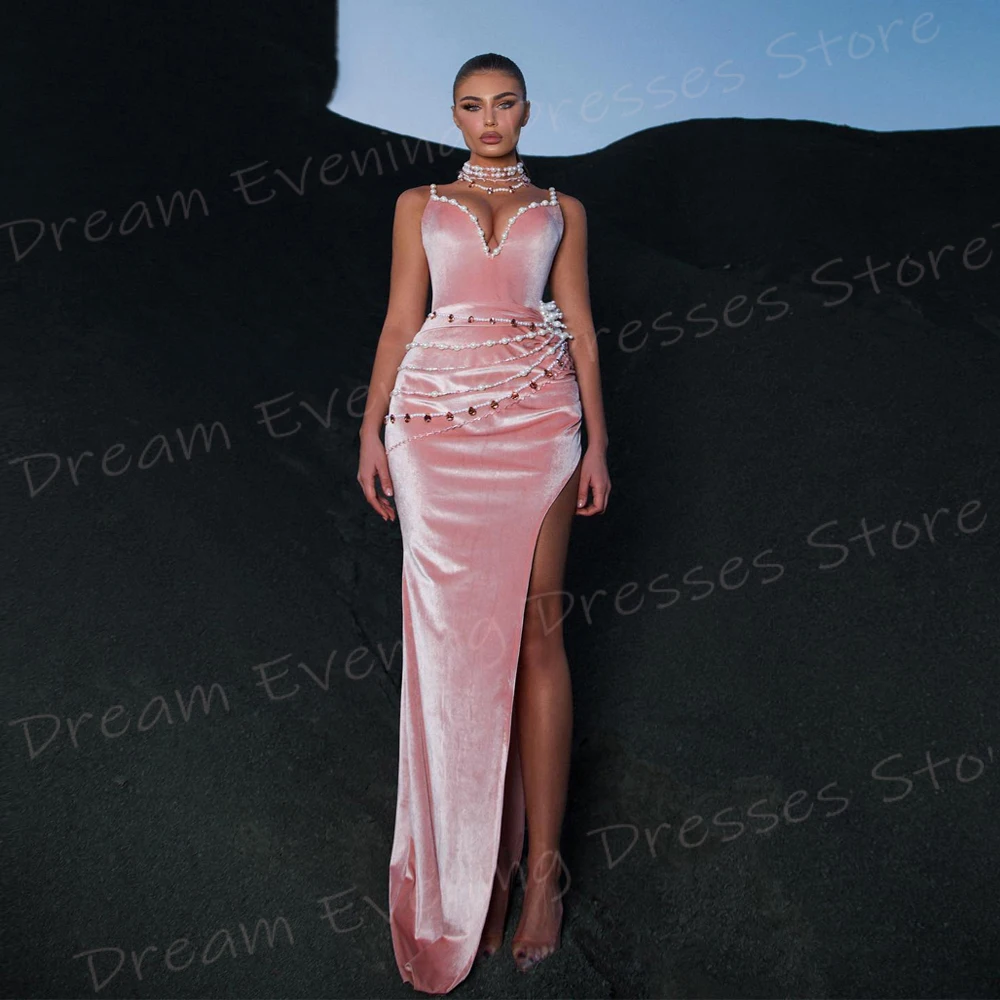 Modern Pink Mermaid Pretty Women's Evening Dresses Spaghetti Strap Sleeveless Prom Gowns Side High Split Beaded Vestido De Noche