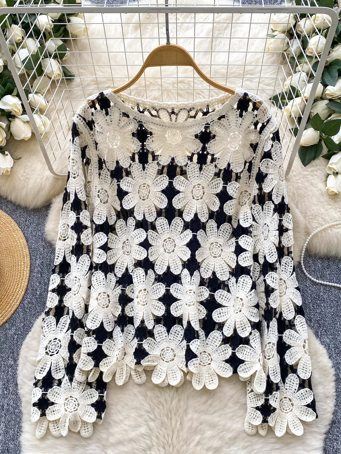 

Korean Sle Agel Gentle Hollow out Knitted Cover up Women's Loose Slimming Casual Versatile Long Sve Top