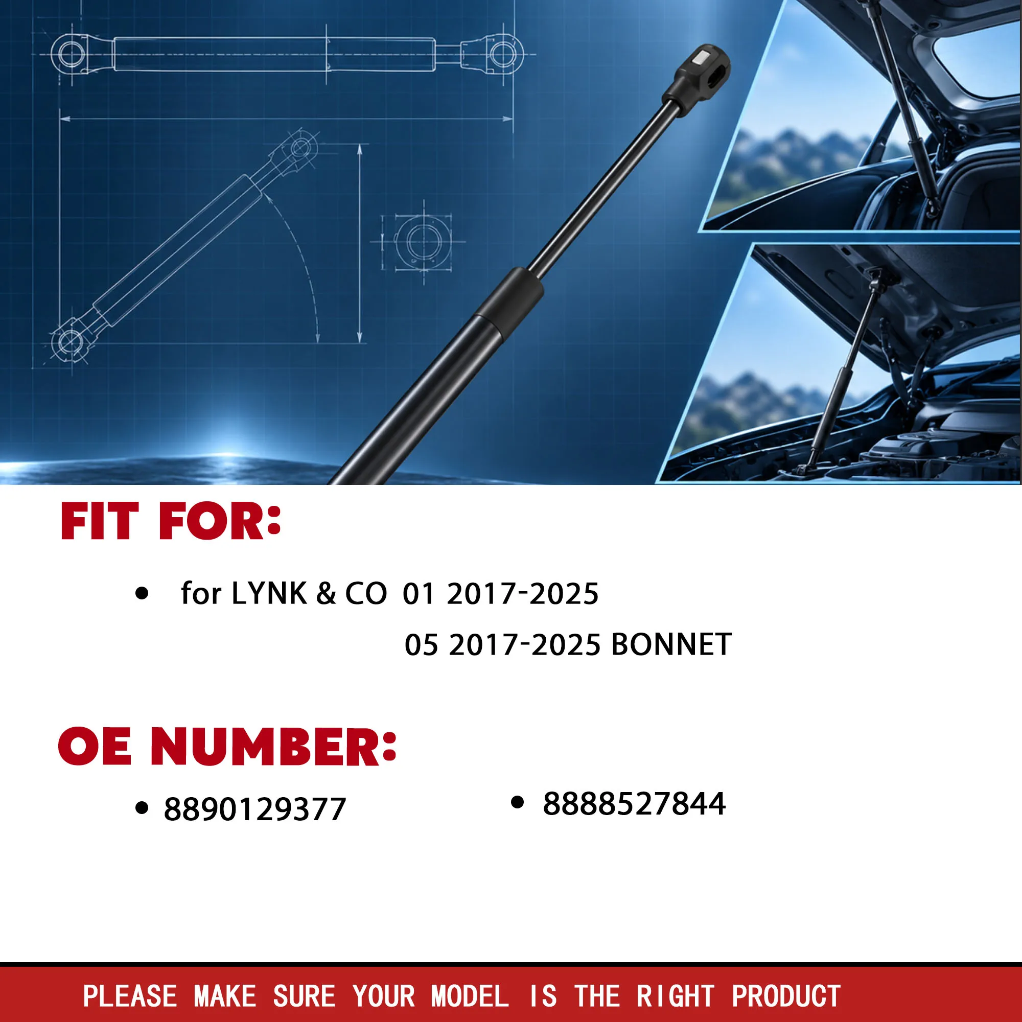 2Pcs Bonnet Gas Spring for Lynk & Co 01 05 2017-2025 Hood Lift Support Shock Strut OE 8890129377 8888527844