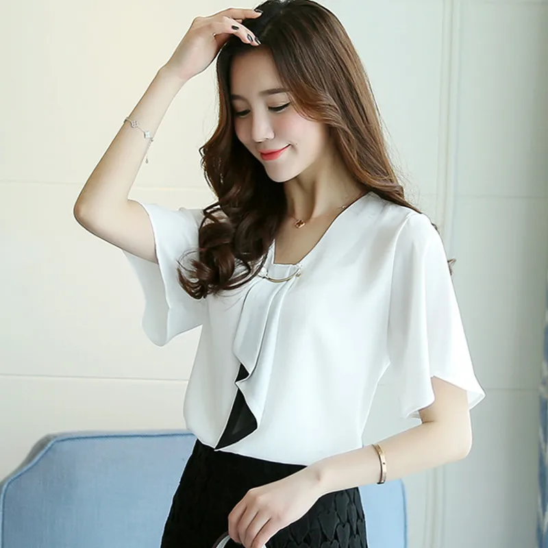 New Spring Fashion Chiffon Women Shirt Blouse Short Sleeve Women\'s Loose Clothing Loose Bow Neck Women\'s Tops Blusas D560 50