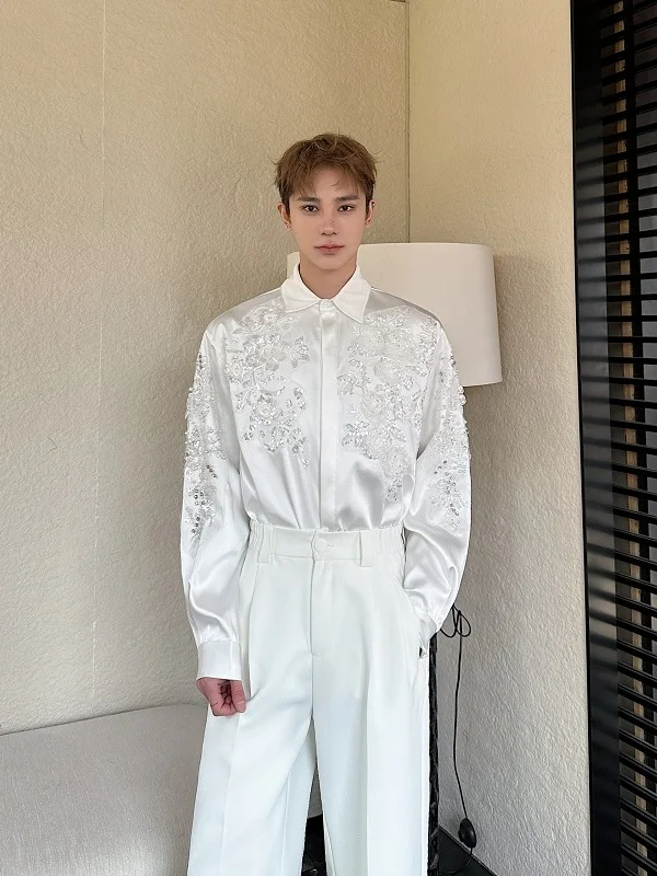 

Новая весенняя атласная рубашка с вышивкой и блестящими пайетками, свободного кроя, с длинным рукавом, роскошный дизайн, повседневная мода, популярная среди молодежи