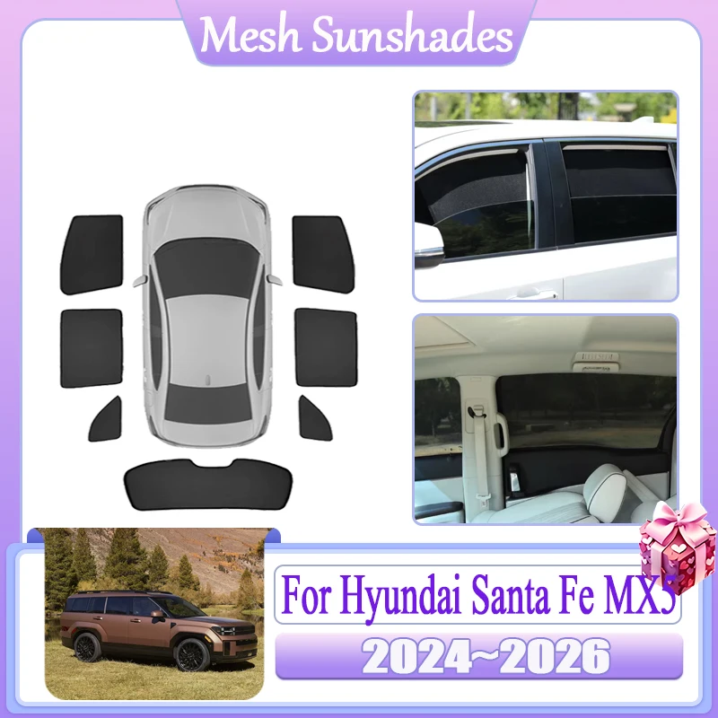 For Hyundai Santa Fe MX5 MK5 2024 2025 2026 Mesh Sun Shade Car Magnetic Sunshade Anti-UV Blocking Visor Tools Parts Accessories