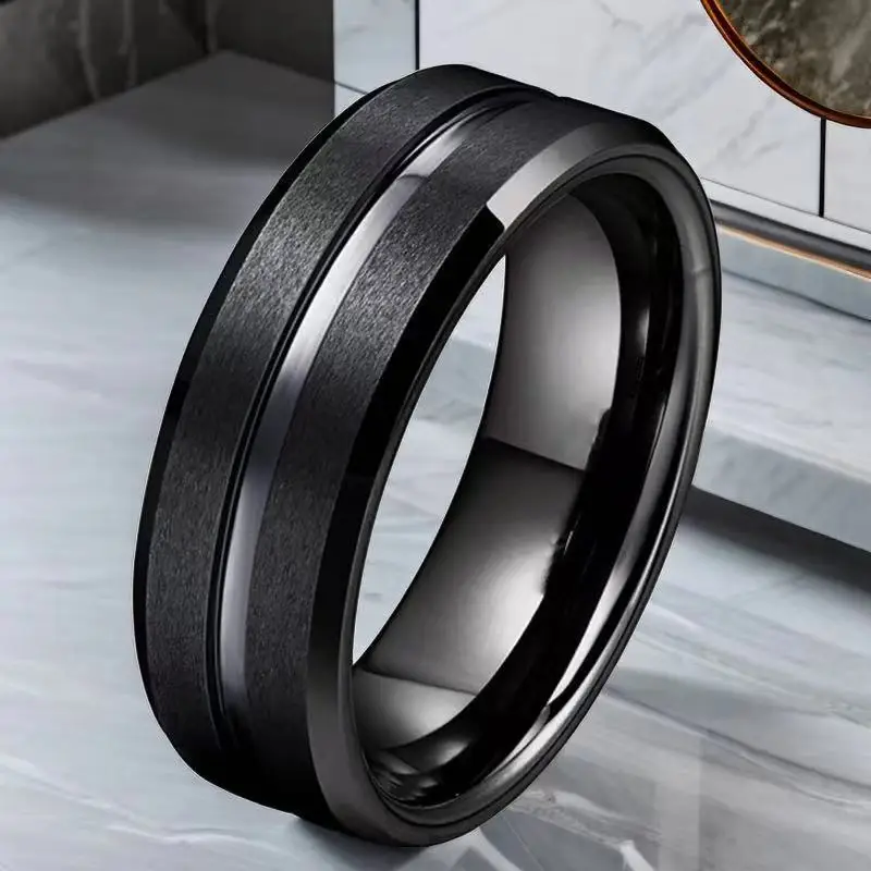 Fashion 8mm Men\'s Black Tungsten Wedding Band Rings Black Groove Beveled Edge Engagement Ring for Men\'s Valentine Gifts Jewelry