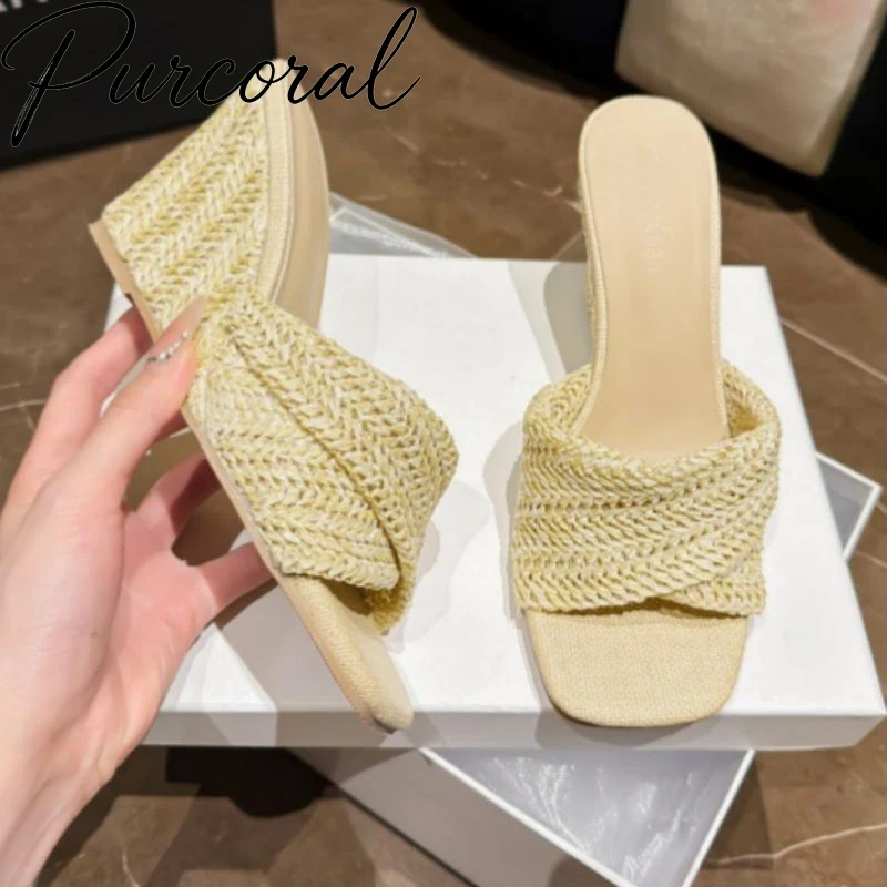 Women Straw Weave Mules Sandals Cross Strap Square Open Toe Block Heel Slide Slippers Summer Beach Vacation Ladies Shoes
