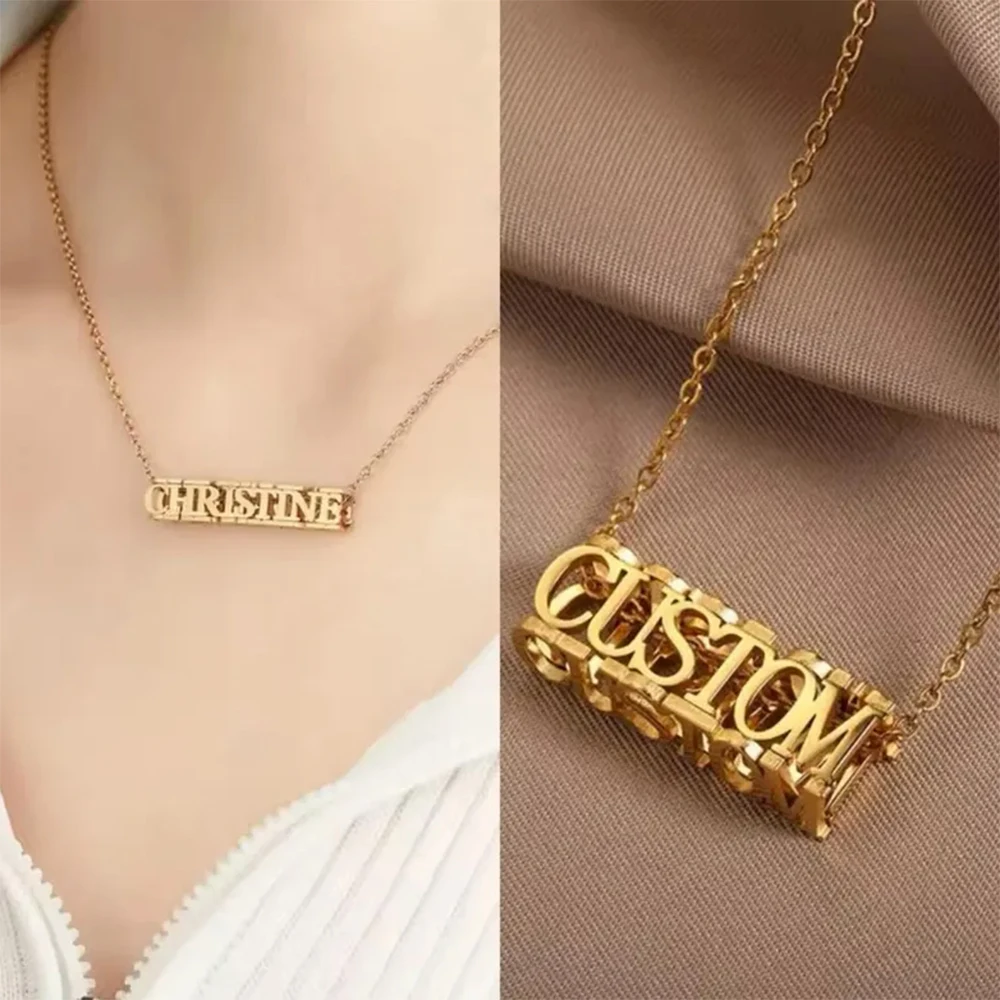 

Customized Name Stereoscopic Necklace Luxury Stainless Steel 4-sided Necklace Pendant Women's Jewelry Creative Birthday Gift