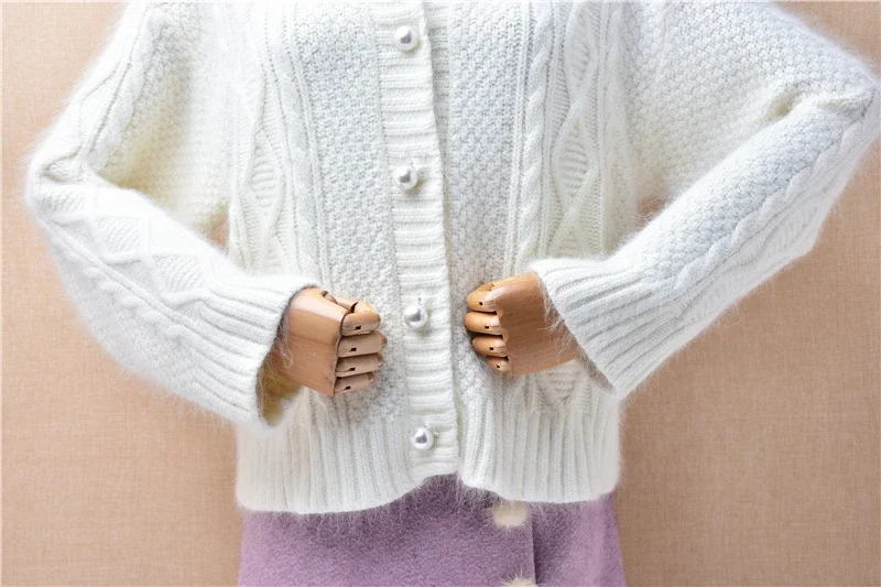 8Mujer Herbst Winter Kleidung Haarigen Nerz Pelz V-ausschnitt Angora Kaninchen Haar Gestrickte Lose Strickjacken Pullover Jacke Mantel Pull Top