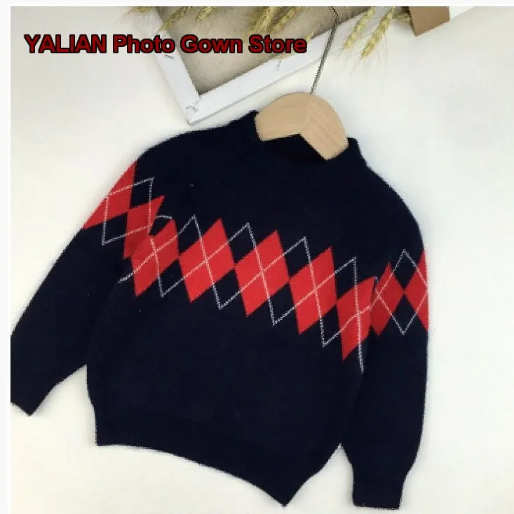 Autumn Winter Boys Older Kids Red Diamond Knit Base Layer Top British Style