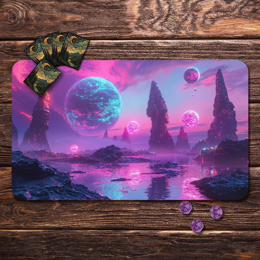 TCG Playmat Neon Pink Purple Alien Planet Ocean Coast Spiky Rocks Sci Fi Landscape Premium Rubber Large Desk Mat Cyber Decor