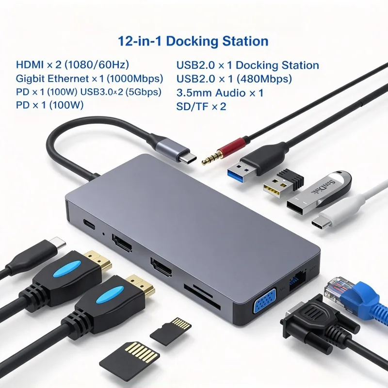 Type C Docking Station 12-in-1 USB C Converter Hub Dual HDMI VGA Triple Display Gigabit Ethernet Multi Port Adapter