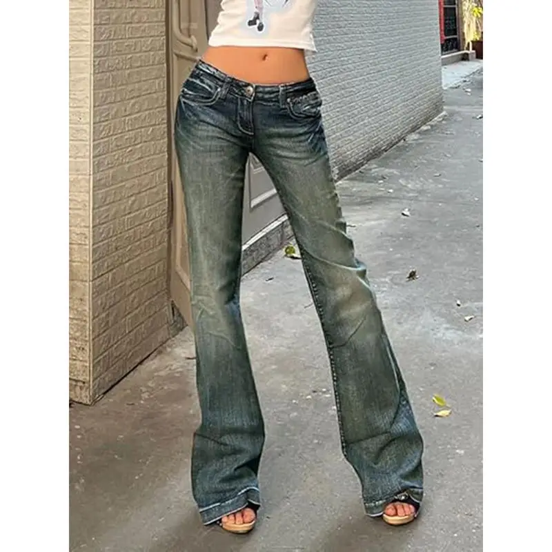 Women Denim Flare Leg Jeans Trousers Y2K 90s Button Low Waist Vintage Slim Fit Long Pants with Pockets Streetwear