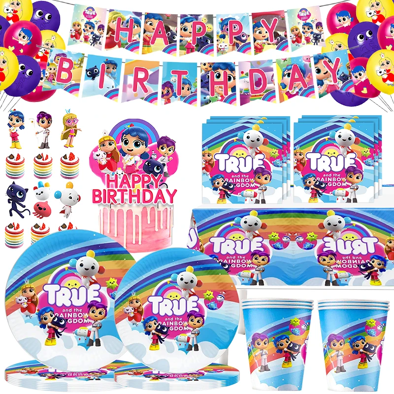 The Rainbow Girl Theme Happy Birthday Flag Pull Paper Tableware Party Supplies Kids Favors Latex Balloons Tablecloth Cake Topper