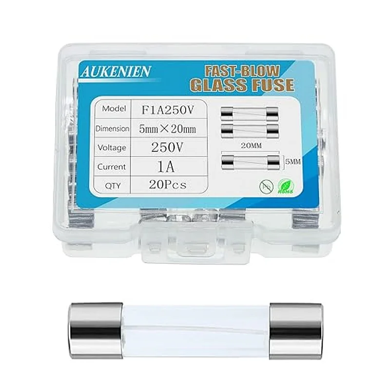 AUKENIEN 20pcs 1A 1Amp 250V Fuse F1AL250V Glass Fuses 5x20 mm 0.2x0.78 inch Fast Blow Glass Fuse for Circuit Protection