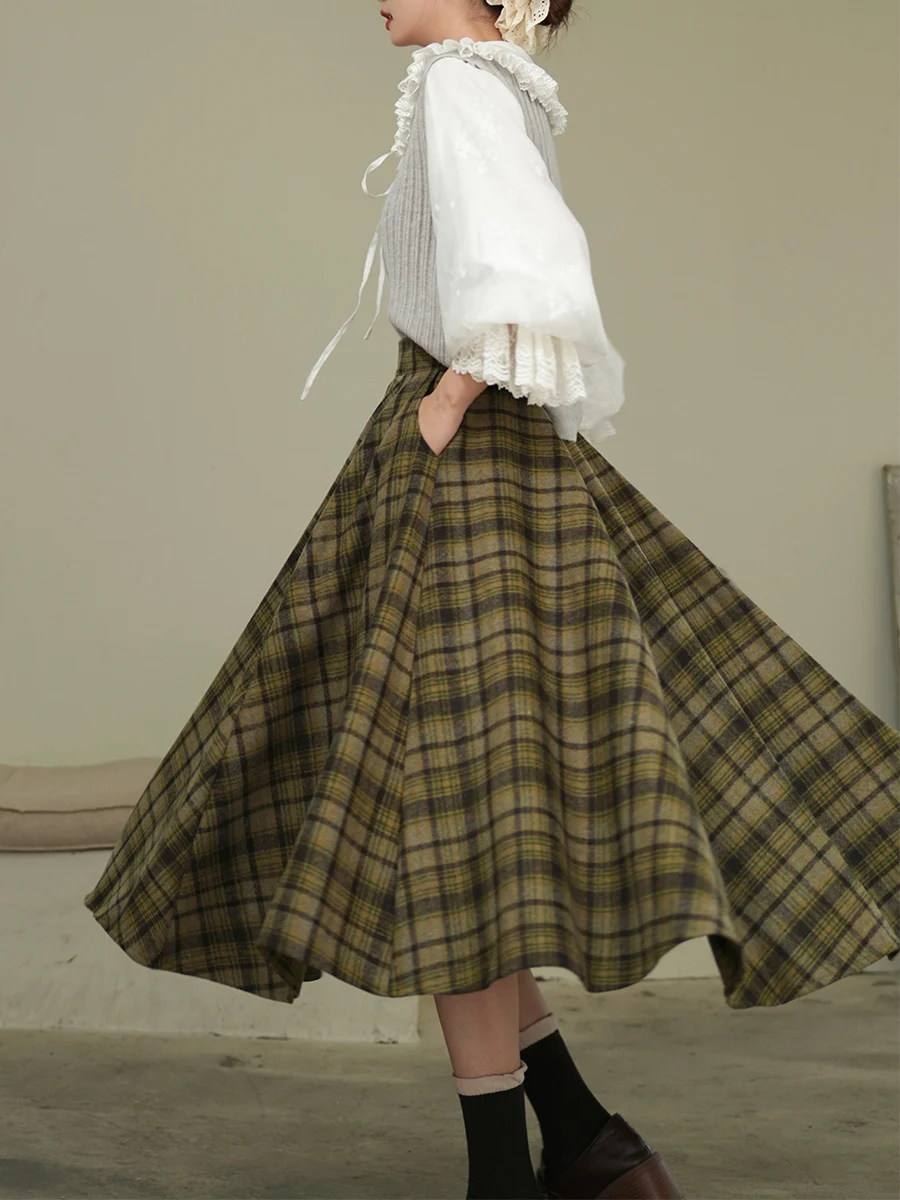 TIYIHAILEY High Waist Long Mid-Calf Plaid Wool Skirts Green Thick Warm Winter Big Hem 2026 New A-Line Skirts With Pockets Zipper
