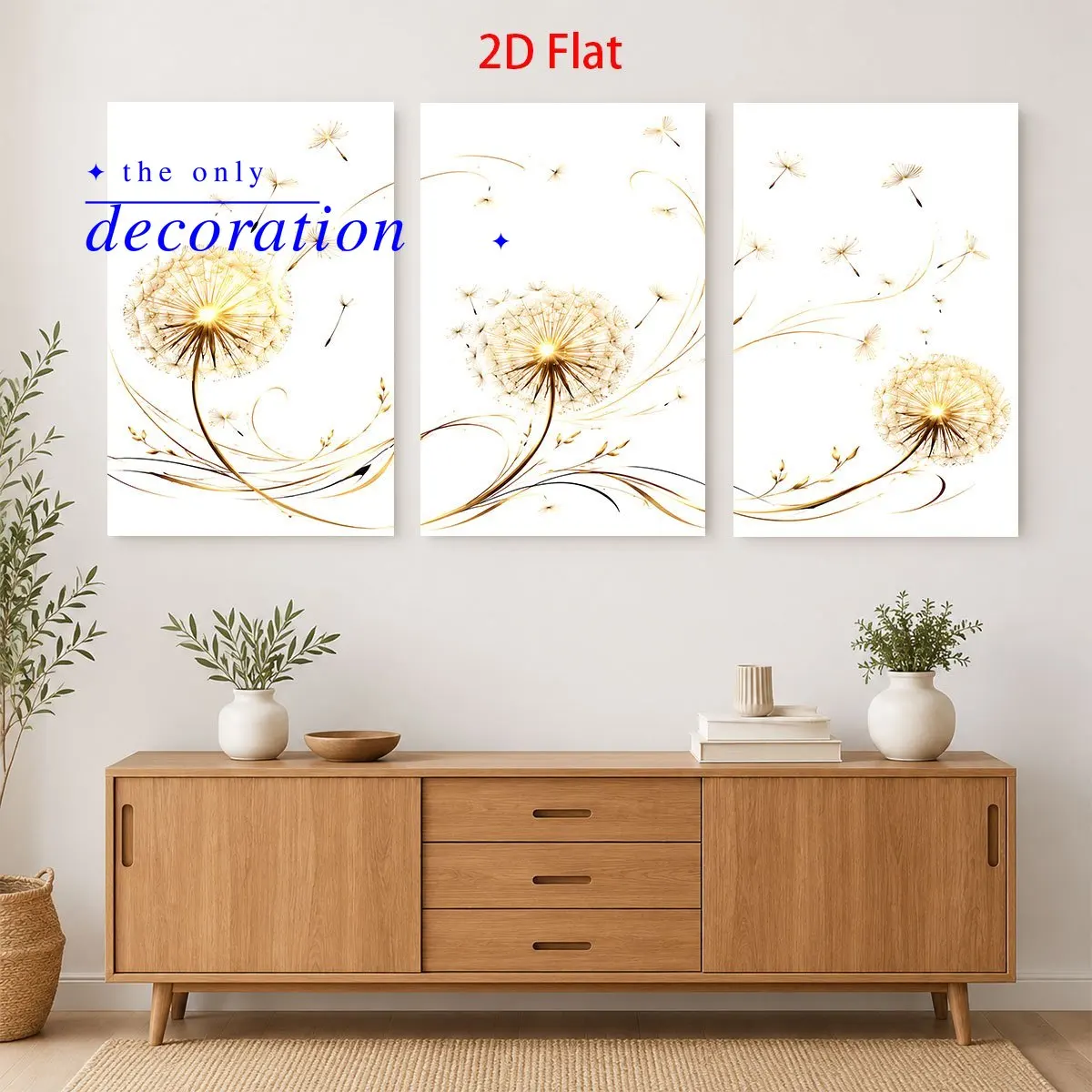3 Pieces 2D Flat- Three panels with golden dandelions and seeds on white background Themed Canvas Wall Art, Waterproof Canvas