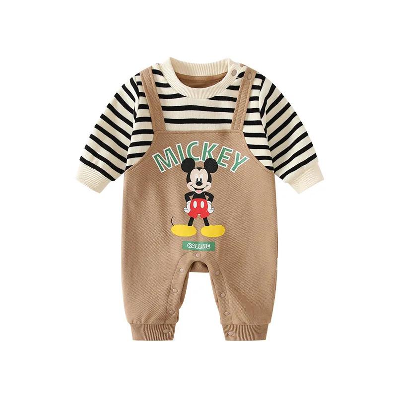 

MINISO Mickey Baby Onesie Spring Striped Straps Fake Two Piece Soft Cotton Infant Outfit Boy Kawaii Casual Daily Wear 0-1 Years