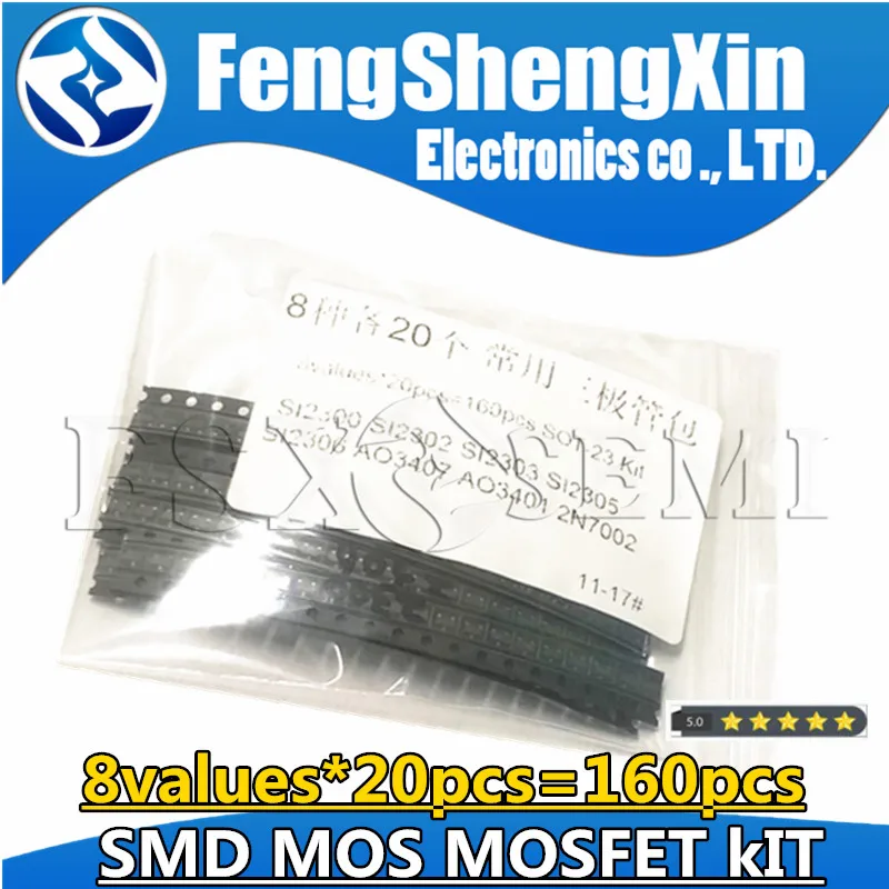 

8values X20pcs=160pcs SMD MOS MOSFET kIT SI2300 SI2302 SI2303 SI2305 SI2306 AO3407 AO3401 2N7002 SOT-23