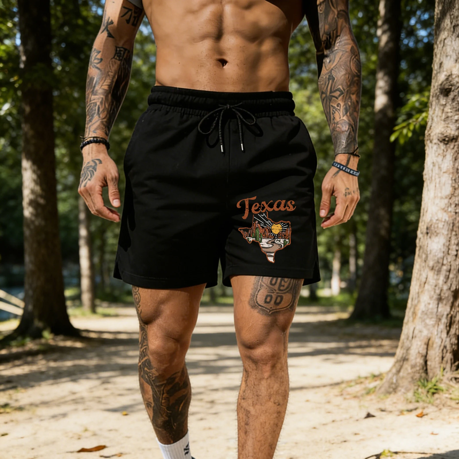 

Usa Chicago Design Pocket Pants Mens Summer Loose Drawstring Black Shorts All-Match Soft Sportwear Unisex Fashion Wide-Leg Pants