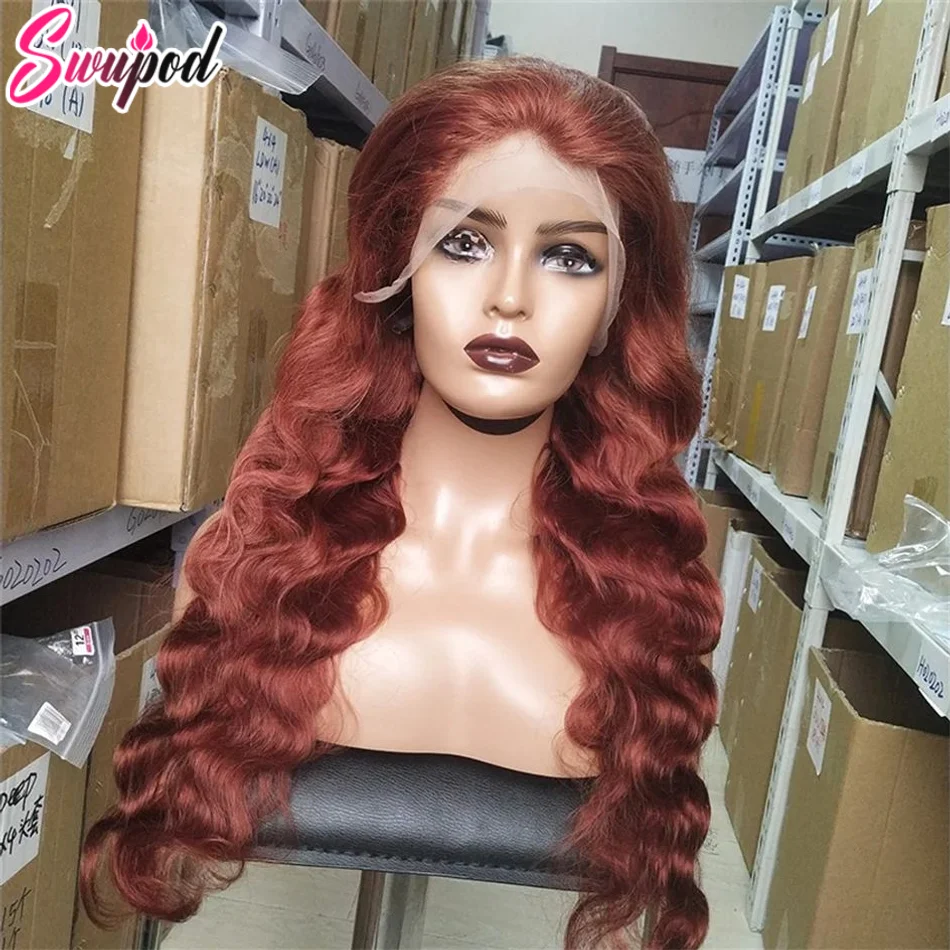 Swupod 13x4 13x6 200 Density Transparent HD Lace Front Wig for Women Body Wave Remy Human Hair 33# Reddish Brown Color Glueless