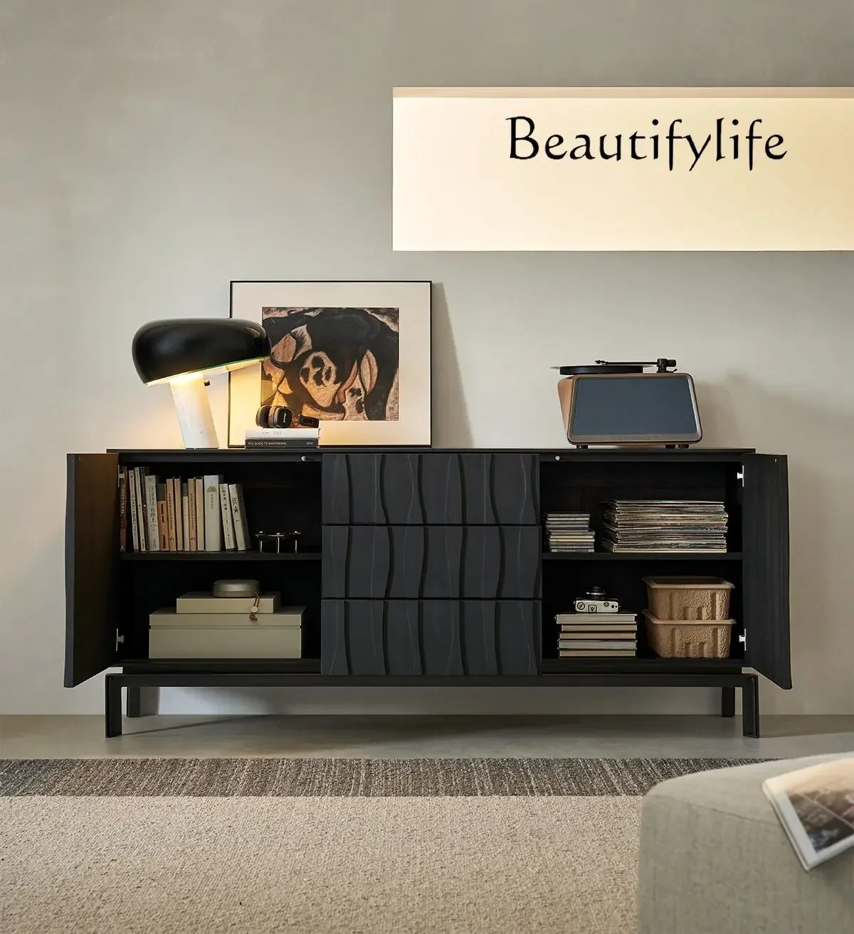 NEW Modern side cabinet wabi wind living room retro black solid wood simple storage bucket cabinet