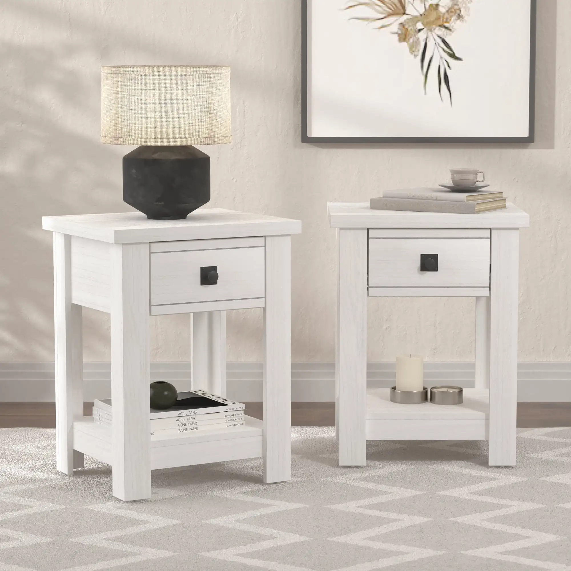 Farmhouse 1 Drawer Nightstand Set of 2 White Versatile Table Can Be Used As An Accent Table Long Lasting Durability