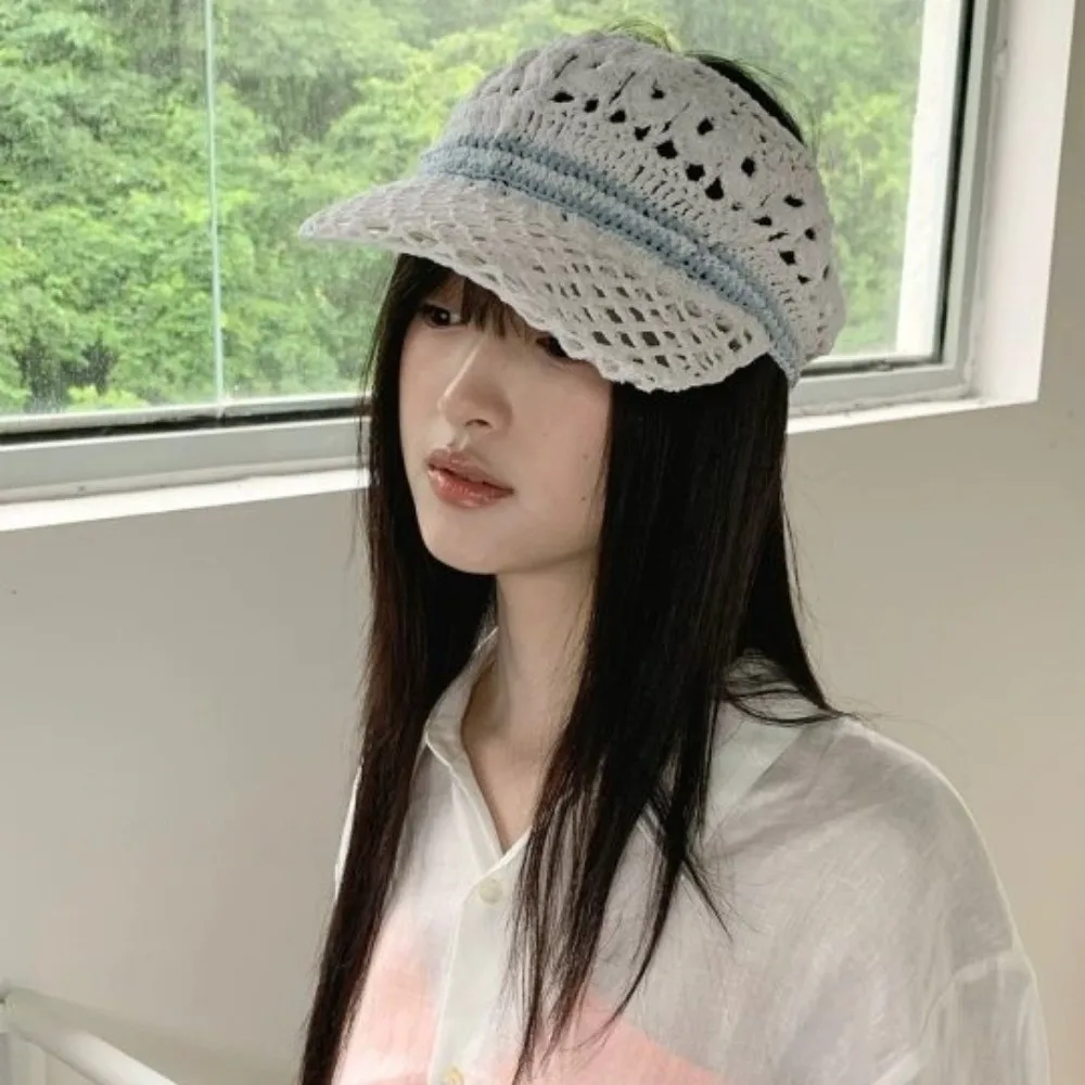 

Casual Sunscreen Crochet Empty Top Cap Knitted Sunshade Hollow Out Visor Hat Soft Foldable Drawstring Hat Girls