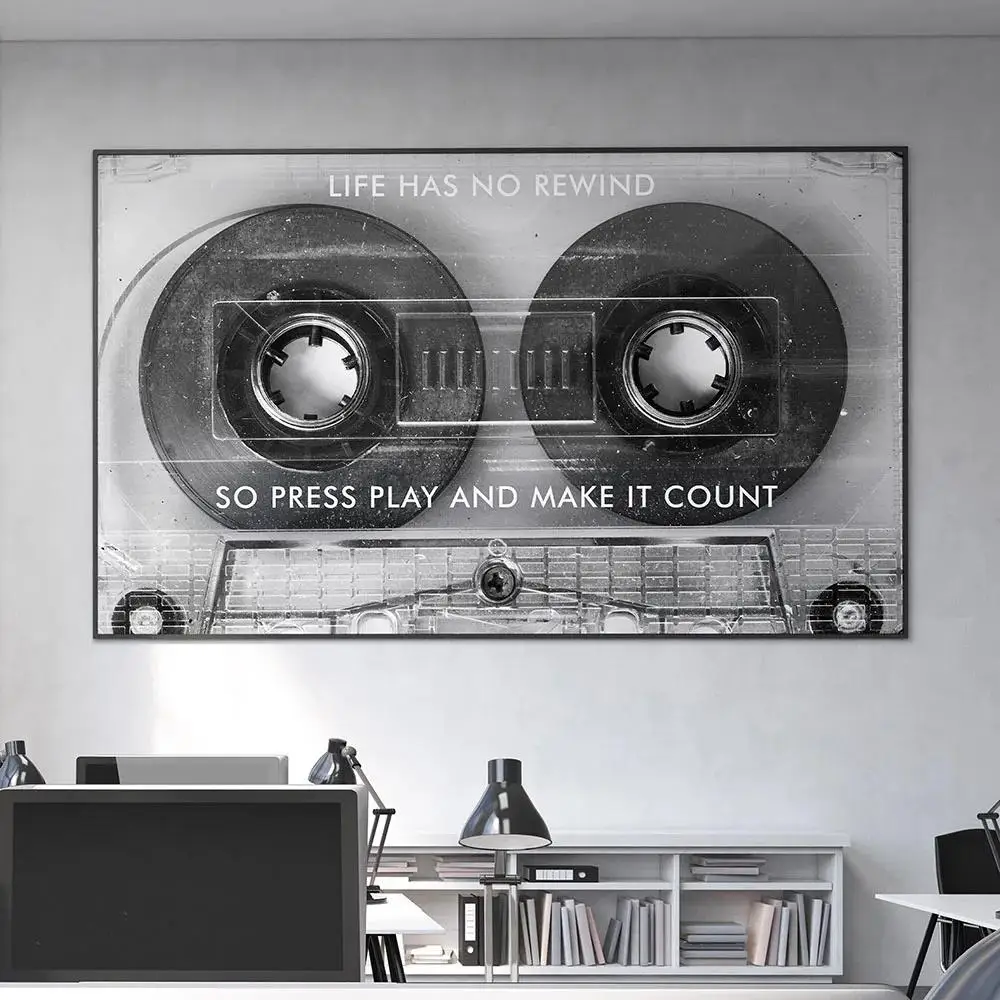 Motivierender Kassetten-Leinwanddruck „Life Has No Rewind“ Zitat Wandkunst Schwarz-Weiß Heimdekor Poster