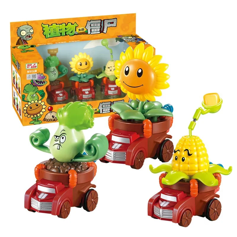 3PCS Plants Vs Zombies 2 Bonk Choy Sunflower Toy Pull Back Car Model Genuine Licensed Game Character Toy Action Figures Boy Gift