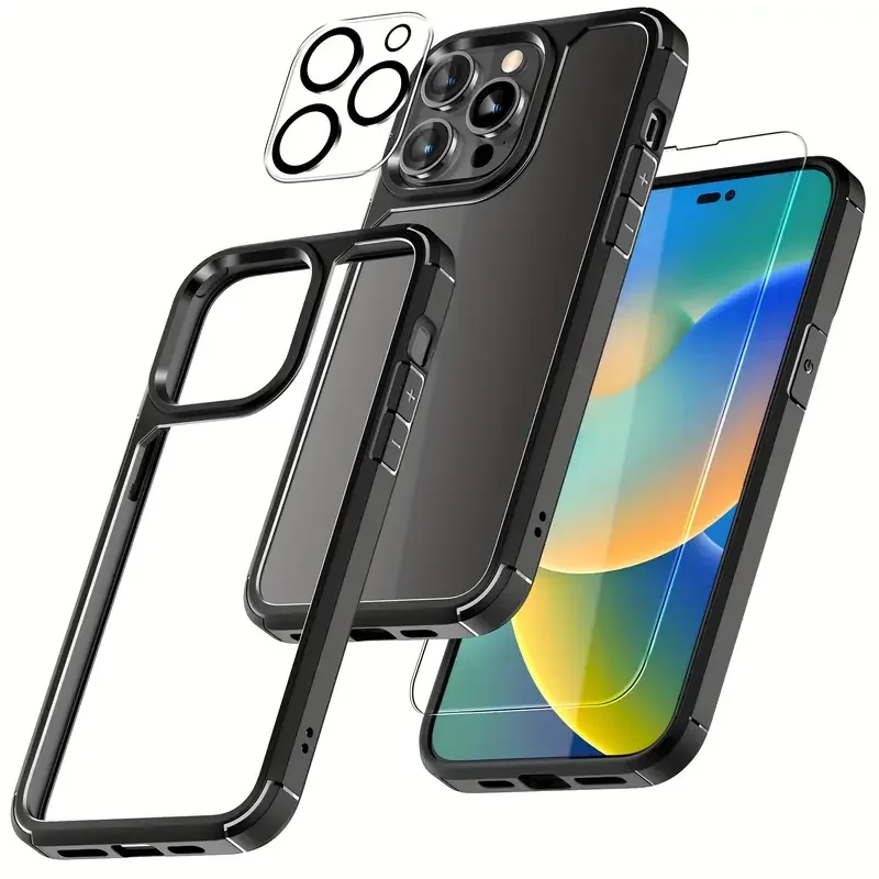 3 in 1 Back Cover Phone Case With Tempered Glass Screen and Lens Protector for iPhone 16 15 14 Pro Max 13 12 11 Mini Plus Funda