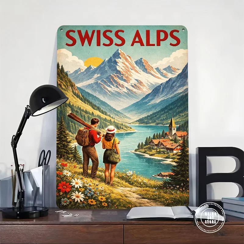 Swiss Alps Vintage Travel Personalized 3D Textured Metal Poster Wall Art Tinplate Sign for Home Decoration Aesthetic Room Decor