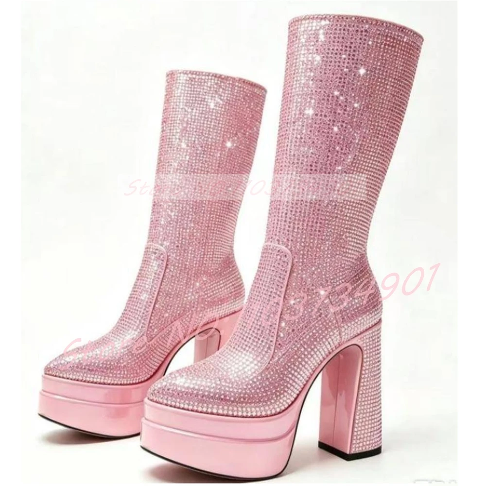 Double-Layer Platform Glitter Crystal Mid Calf Boots Women Block Heels Pointed Toe Sparkling Boots Party Runway Dress Shoes