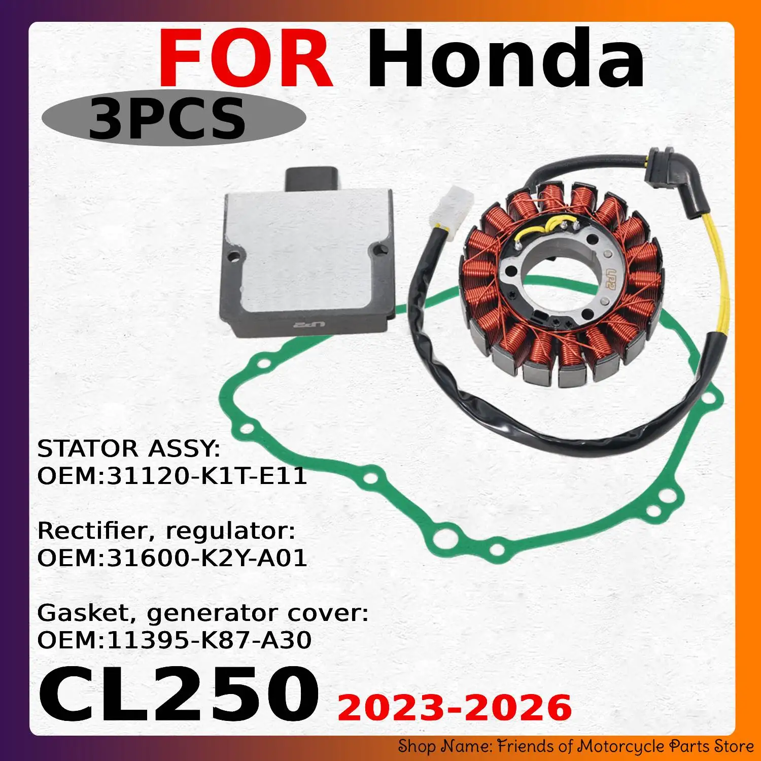 Stator & Regulator Rectifier With Generator Cover Gasket Kit For Honda CL250 2023‑2026 Motorcycle Charging Replacement Parts
