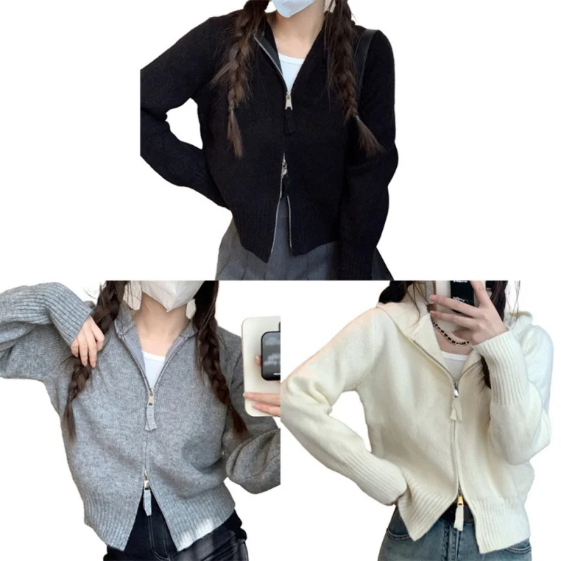 Woman Sweater Zipper Positive Shoulder Hooded Knit Cardigan Women Autumn Short Tops Jacket