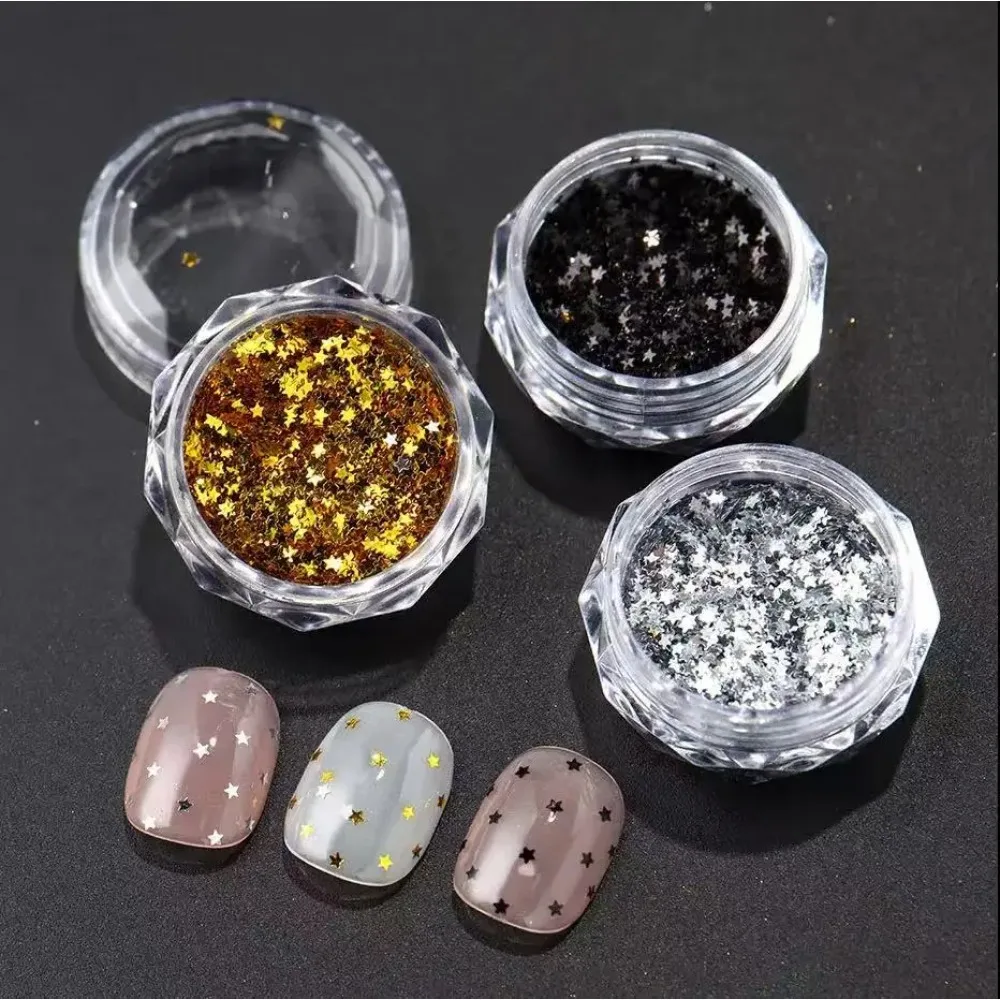 

3pcs Tiny Star Glitter Nail Flake Golden Silvery Black Small Pentagram Nail Seqiuns Kawaii Korean DIY Manicure Accessories