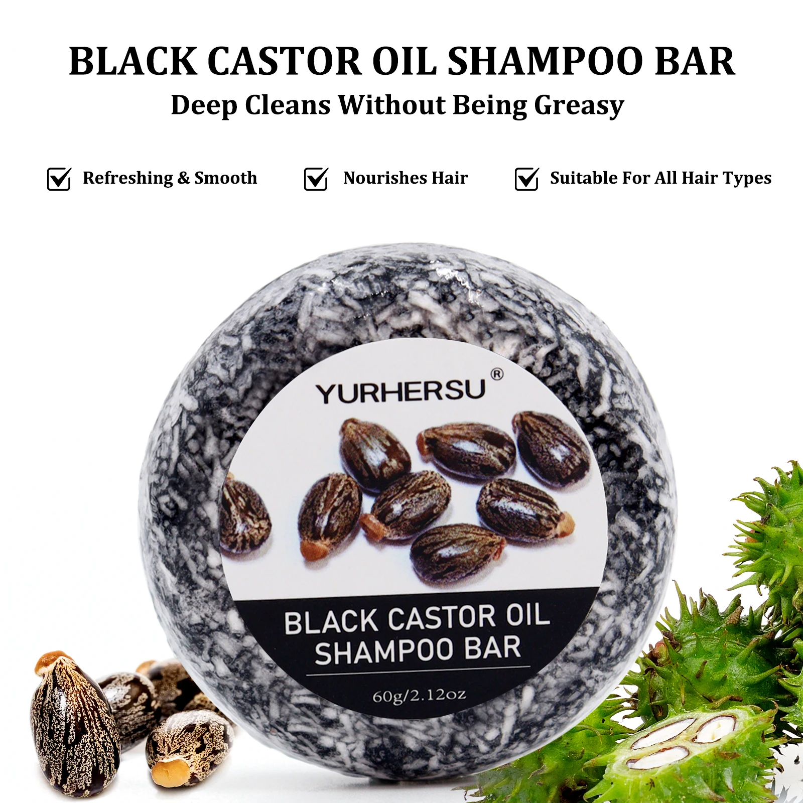 60g Black Castor Shampoo Bar 2-in-1 Shampoo and Conditioner, Made with Castor Extract, Nourishes and Cares for All Hair Types.
