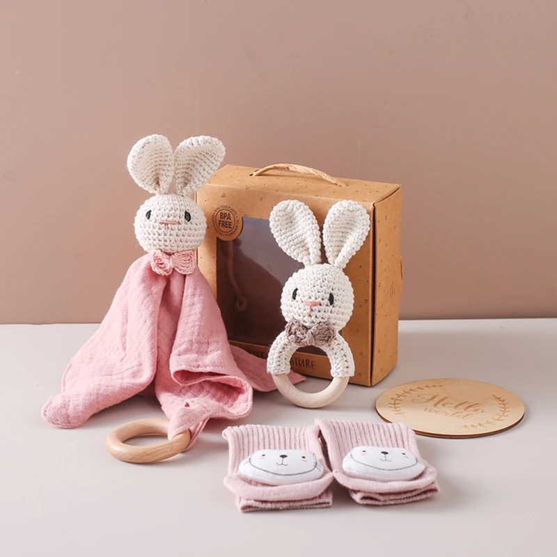 

Wooden Crochet Rattle Bath Set For Newborns Wood Milestone Comfort Doll Cartoon Animal Baby Socks 0-12 Months Baby Gift With Box