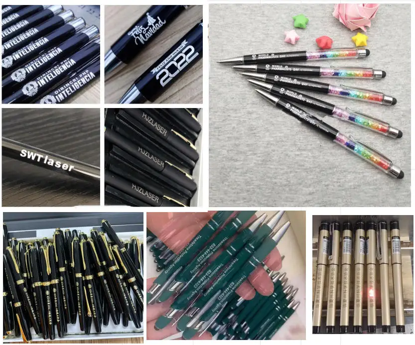 آلة الوسم الطائر بليزر الألياف 30 وات الأوتوماتيكية مع حزام ناقل لوضع علامات على القلم