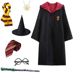 Disfraz de Cosplay de Harry Potter para niños, hombres y mujeres, Túnica mágica, bufanda, corbata, collar, varita, uniforme de Halloween