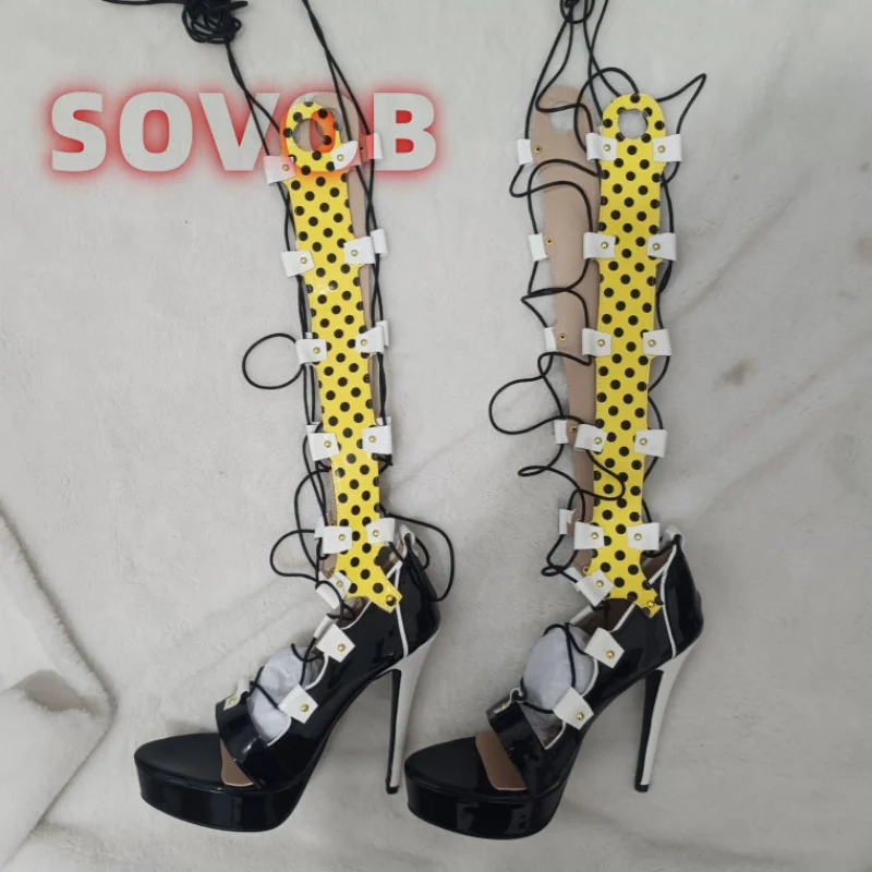 

Women's Platform Knee High Gladiator Sandal Polka Dot Cross Lace-Up High Heels Sandals Fashion Luxury Design Spicy Girl Shoes