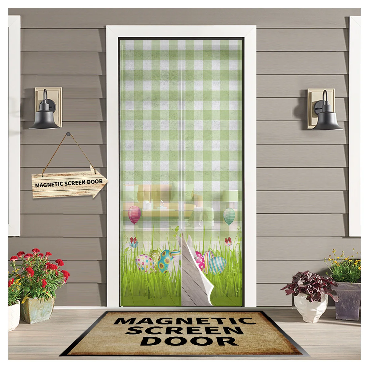 Easter Spring Rabbit Plaid Kitchen Curtain Magnetic Mosquito Net Curtains Summer Bedroom Anti Insect Door Curtain