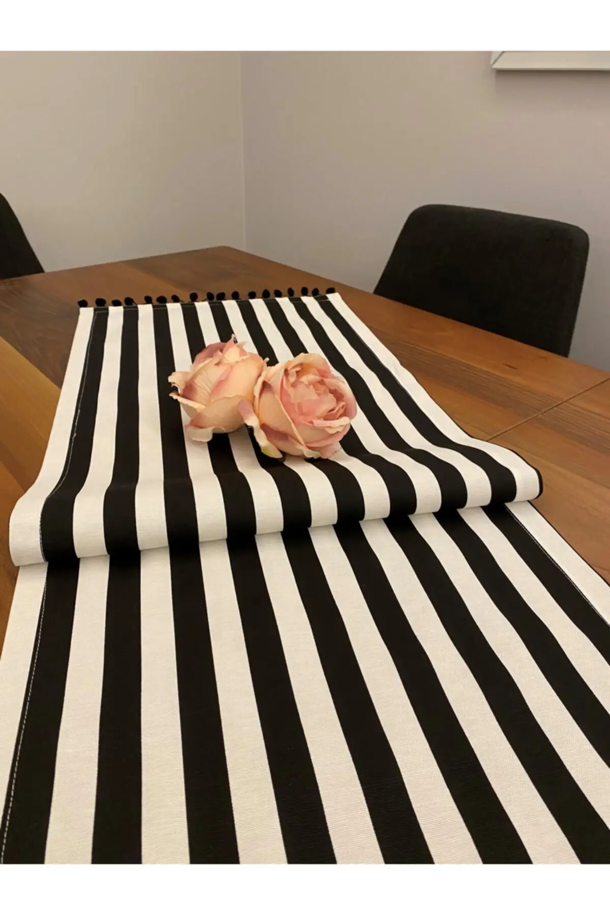 Striped Runner Tablecloth with Black Pompom. Kitchen, Table Accessory, Plate Base, Dining Room Stain resistant fabric