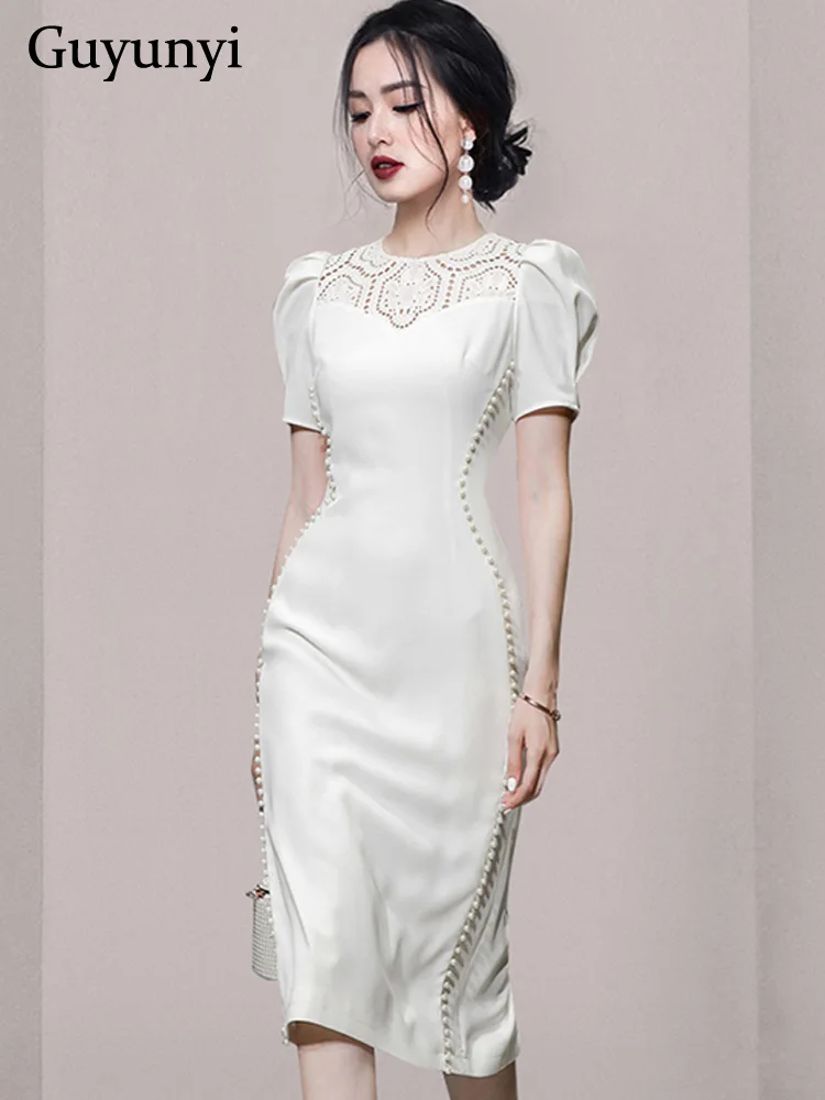 Elegant Party Dress Summer White O-Neck Lace Stitching Puff Sleeve Single Row Noble Beading On Both Sides Sheath Dress Women