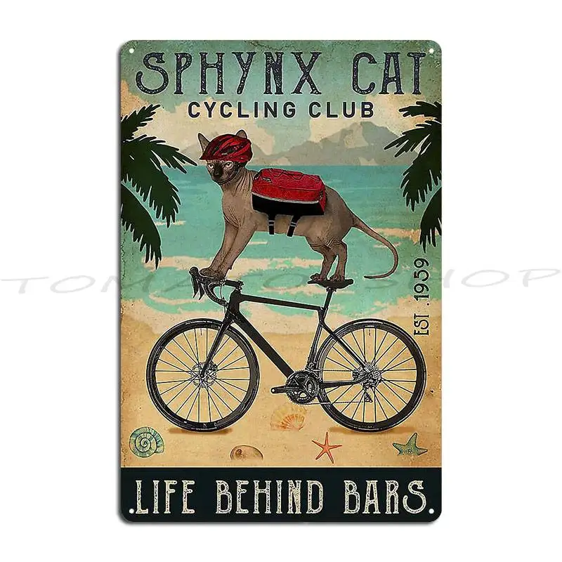 Cycling Sphynx Kitten Cat Metal Plaque Create Bar Cave Wall Decor Garage Character Tin Sign Poster