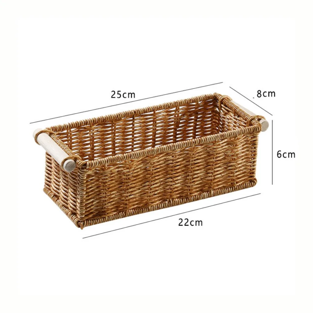 Creative Brown Storage Basket Woven Pattern Wood Handle Organizing Baskets Rectangle Desktop Organization Box Home Shop Hotel