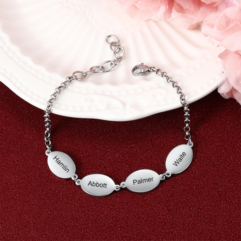 1--4 Custom Engraved Oval Name Bracelet for Women Personalized Stainless Steel Family Name Bracelets Couple Mother's Day Gifts