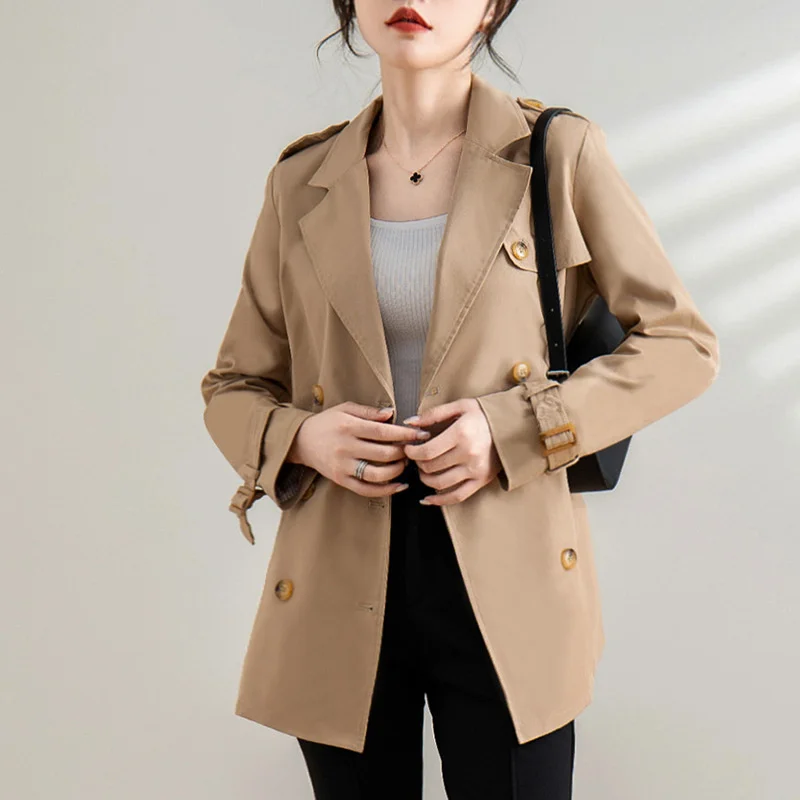 

2023 Spring Autumn Khaki Trench Coat Women Double-breasted Windbreaker Fashion Lady Outerwear Cotton Casual Tops Streetwear Coat