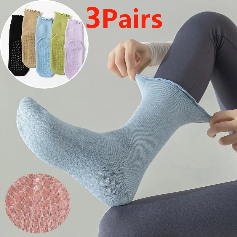 3 Pairs Ruffle Yoga Socks for Women Pure Cotton Mid-Calf Solid Color Non-Slip Pilates Socks Breathable Sport Fitness Floor Socks
