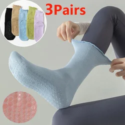 3 Pairs Ruffle Yoga Socks for Women Pure Cotton Mid-Calf Solid Color Non-Slip Pilates Socks Breathable Sport Fitness Floor Socks