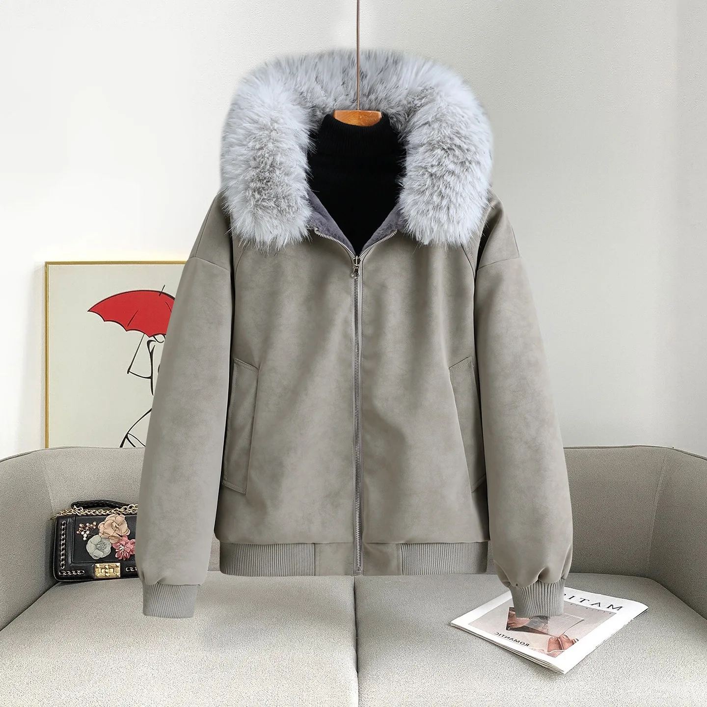 Vintage Double-sided Wear Leather-faced Plus Velvet Thick Cotton Clothes Korean Couple Winter Big Fur-neck Cotton-padded Jacket